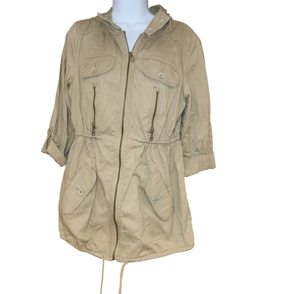 Ruff Hewn Womens Sz Sm‎ Army Green Cotton Jacket Zip Front Cinch String EUC
